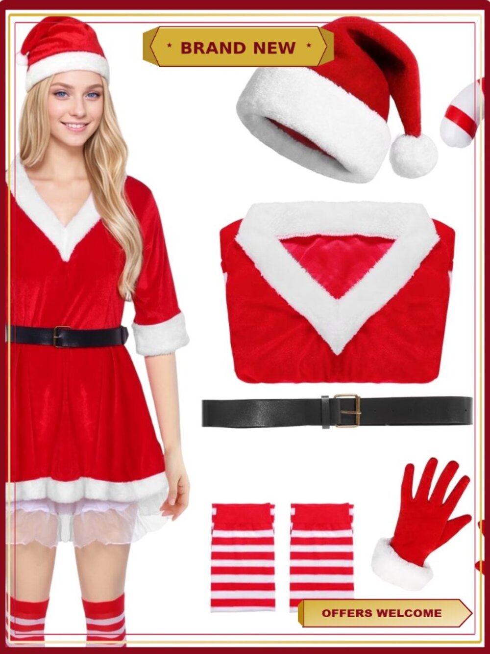 Mrs Claus Costume Women Red Dress Santa Lady Outfit Hat Belt Gloves Christmas